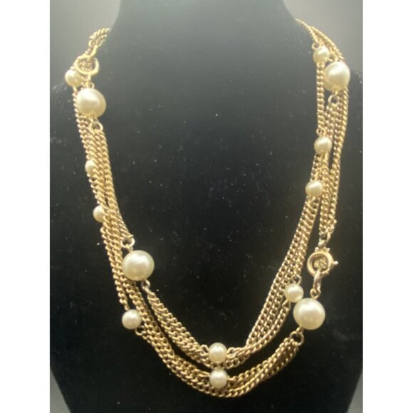 Retro Signed Emmons  Necklace Multi Chain Gold Tone Faux Pearl 30"+7" Extender - Picture 3 of 5